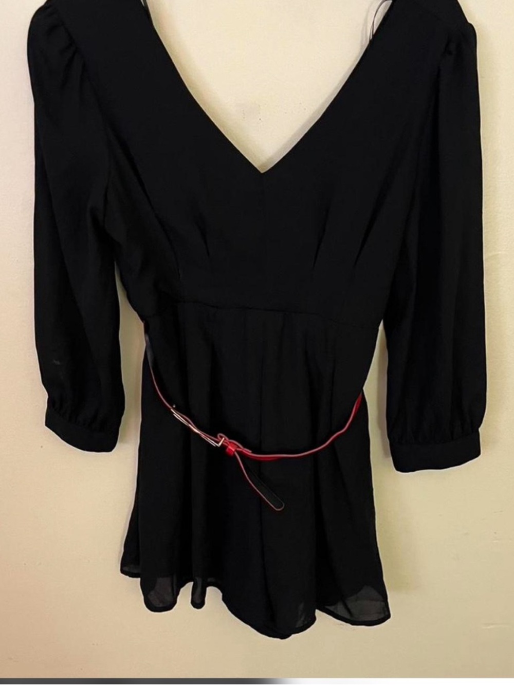 Issue New York Black V-Neck Romper with Red Accent Belt NWT Size Large